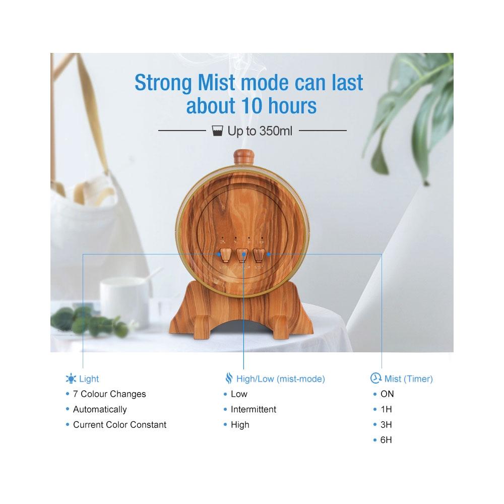 Essential Oil Aroma Diffuser Barrel Wood Design 350ml Ultrasonic Mist