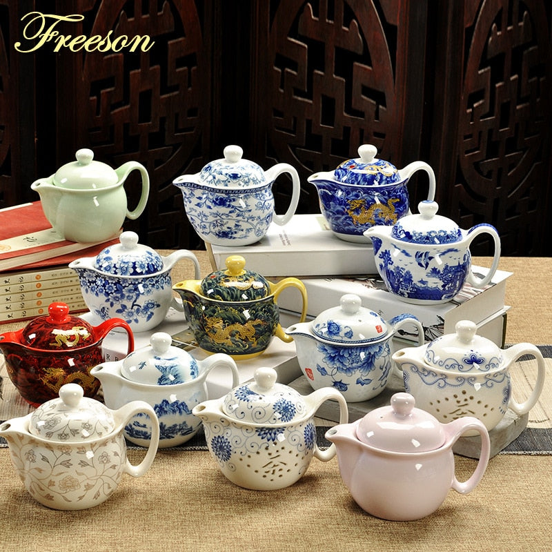 Retro Chinese Kung Fu Porcelain Ceramic Teapot with Strainer, Handmade Dragon Flower Puer Tea Pot, 350ml, Samovar Kungfu Teaware