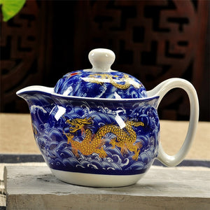 Retro Chinese Kung Fu Porcelain Ceramic Teapot with Strainer, Handmade Dragon Flower Puer Tea Pot, 350ml, Samovar Kungfu Teaware