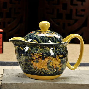 Retro Chinese Kung Fu Porcelain Ceramic Teapot with Strainer, Handmade Dragon Flower Puer Tea Pot, 350ml, Samovar Kungfu Teaware