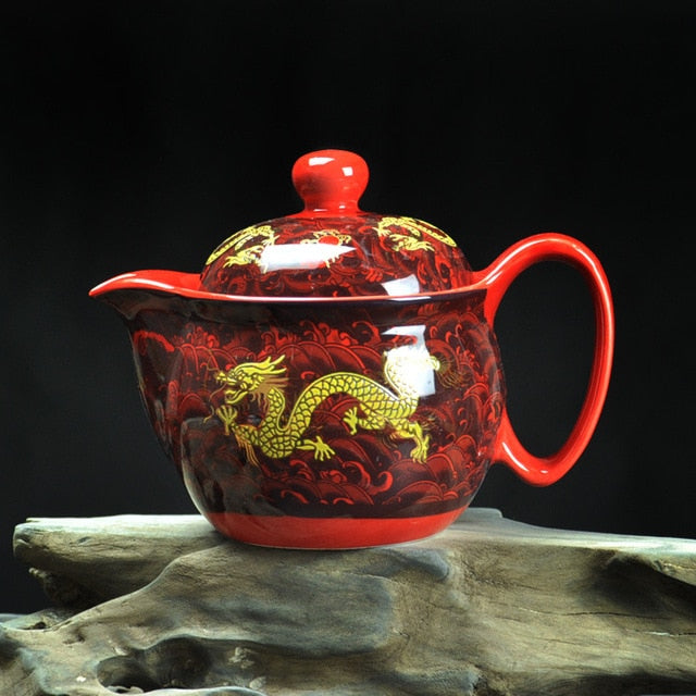 Retro Chinese Kung Fu Porcelain Ceramic Teapot with Strainer, Handmade Dragon Flower Puer Tea Pot, 350ml, Samovar Kungfu Teaware