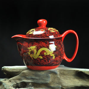 Retro Chinese Kung Fu Porcelain Ceramic Teapot with Strainer, Handmade Dragon Flower Puer Tea Pot, 350ml, Samovar Kungfu Teaware