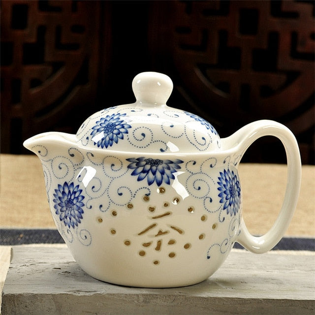 Retro Chinese Kung Fu Porcelain Ceramic Teapot with Strainer, Handmade Dragon Flower Puer Tea Pot, 350ml, Samovar Kungfu Teaware