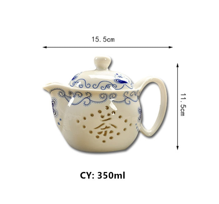 Retro Chinese Kung Fu Porcelain Ceramic Teapot with Strainer, Handmade Dragon Flower Puer Tea Pot, 350ml, Samovar Kungfu Teaware