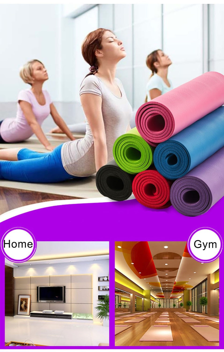 Quality 10mm NBR Yoga Mat with Free Carry Rope, 183x61cm Non-slip Thick Pad Fitness, Pilates, Exercise Mat for Outdoor or Gym